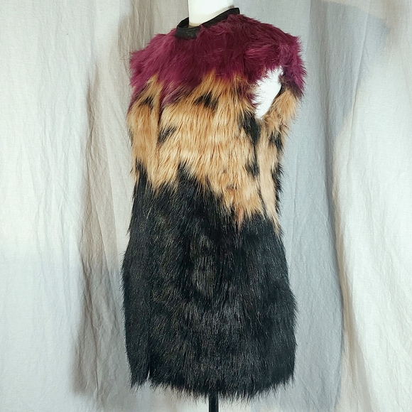 Diesel burgundy, black & tan faux fur vest, S, EUC - Picture 2 of 8